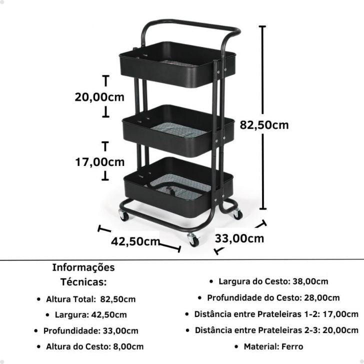 Kit 2 Carrinho Multiuso Organizador 3 Prateleiras em Ferro - Preto