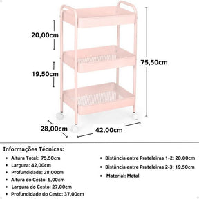 Carrinho Multiuso Organizador 3 Prateleiras - Rosa