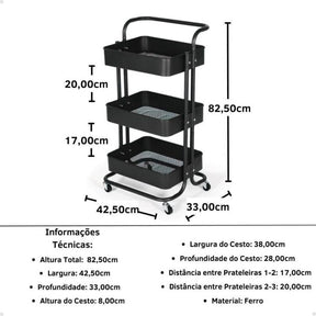 Kit 2 Carrinho Multiuso Organizador 3 Prateleiras em Ferro - Preto